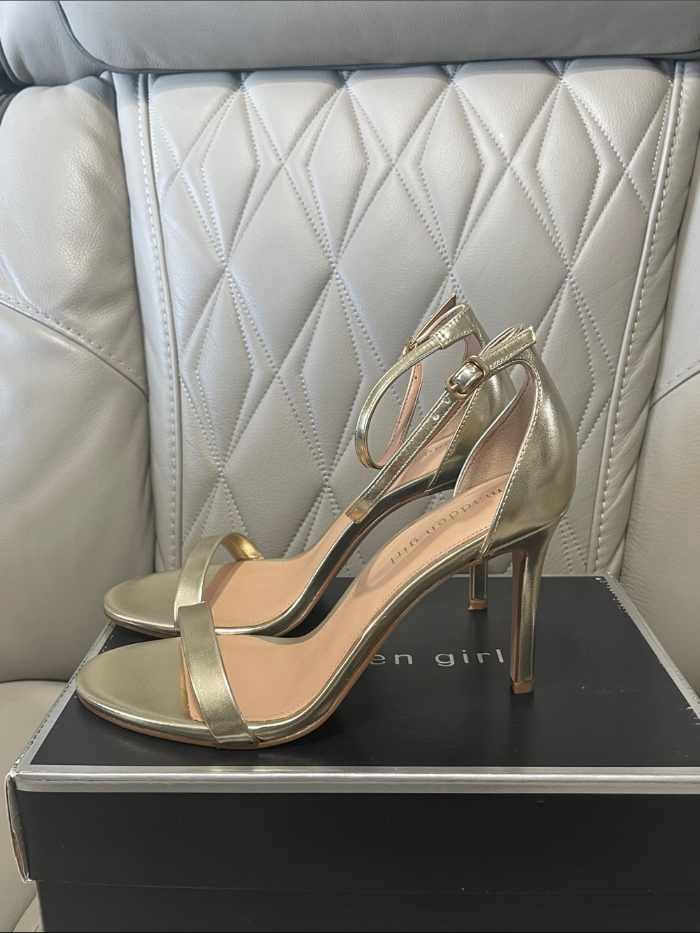 Madden Girl Metallic Gold Ankle Strap Stiletto Sandals - Picture 9 of 12